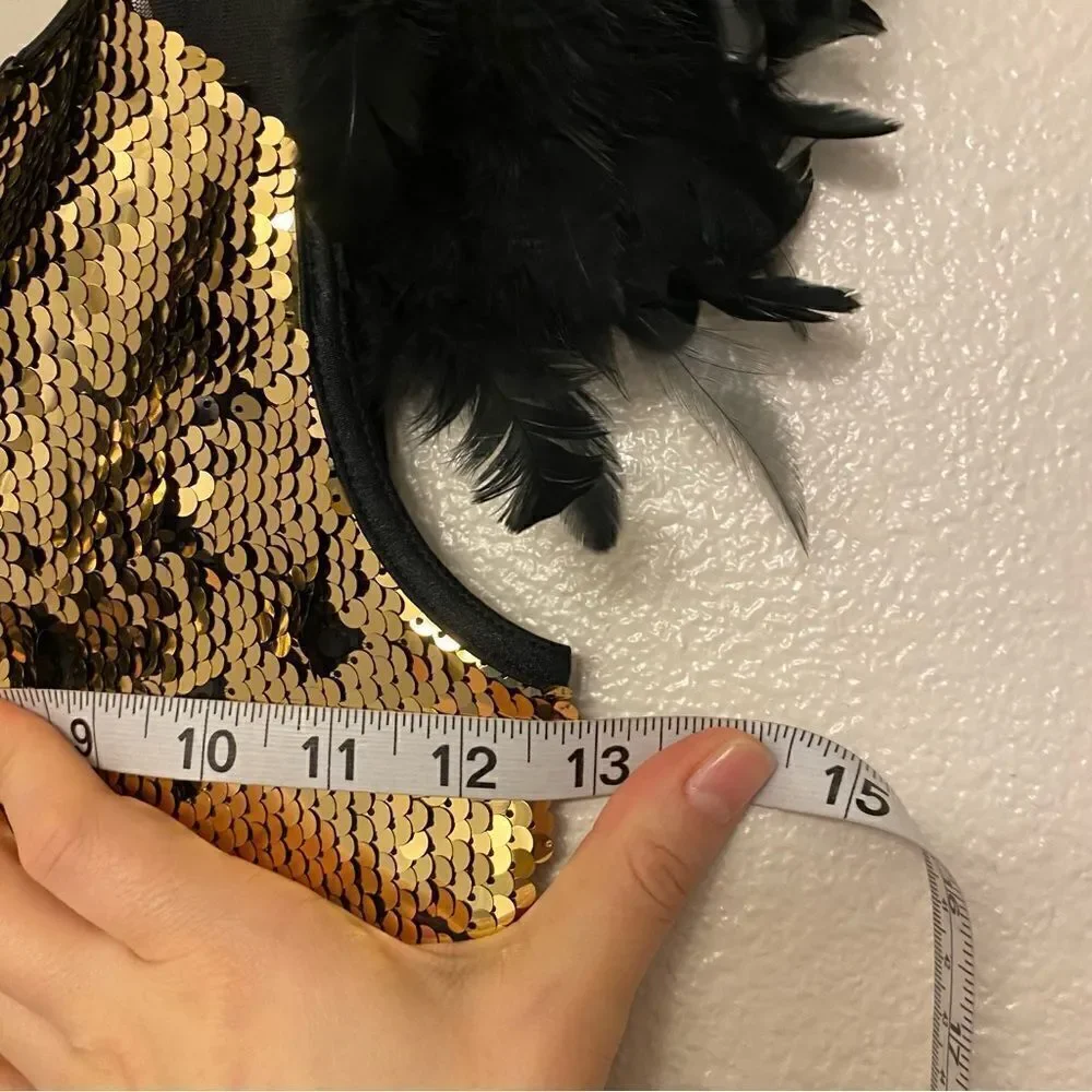 WEISSMAN Dance Costume sassy sequin Montero 14333 black gold feathers -MC 10/12